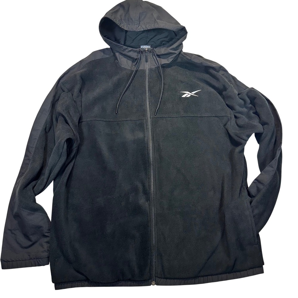Reebok Mens Fleece Full Zip Hoodie Black Mixed Media Jacket FS8450 2XL